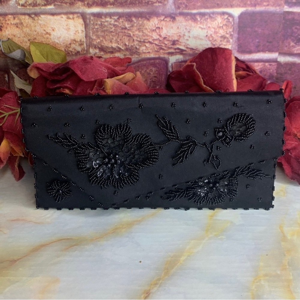 Vintage MCM Jay Dee Black Satin Beaded Floral Embroidered Hard Clutch - Picture 1 of 10
